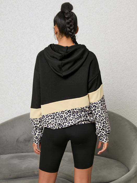 Autumn Winter Popular Leopard Print Three Color Stitching Hooded Long-Sleeved Sweater Women