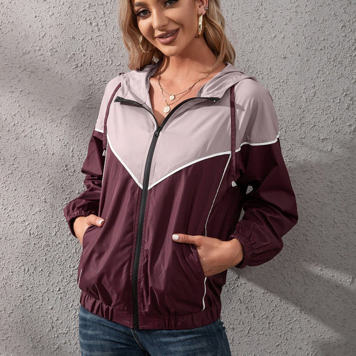 Outdoor Casual Sports Mountaineering Blazer Color Matching Raincoat Jacket Hooded Waterproof Coat Top Women