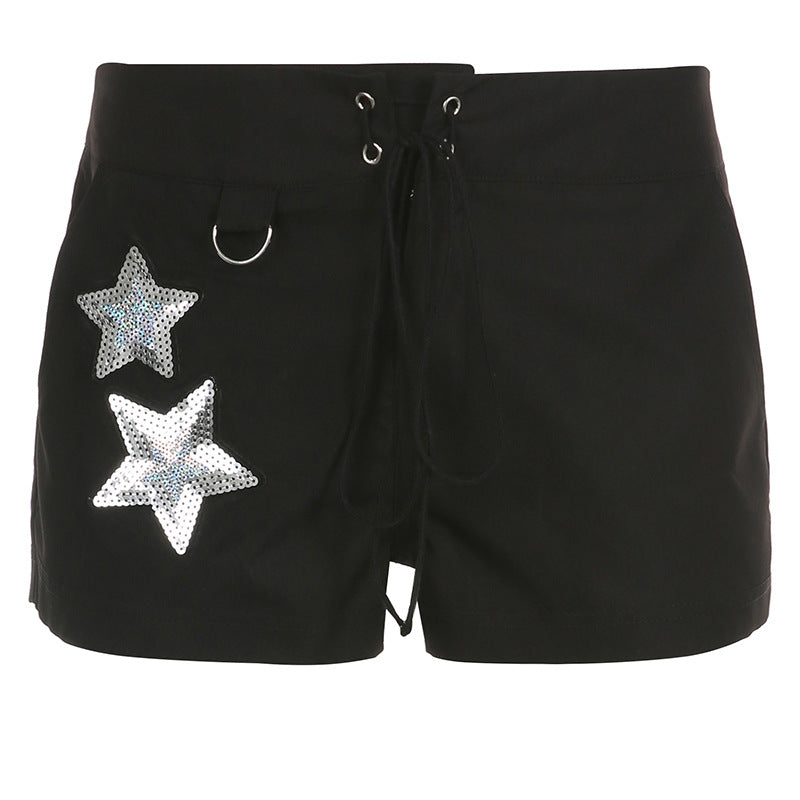 Street Hip Hop Five-Pointed Star Sequ Special Interest Design Elastic Lace High Waist Shorts Peach Hip Slim Pants