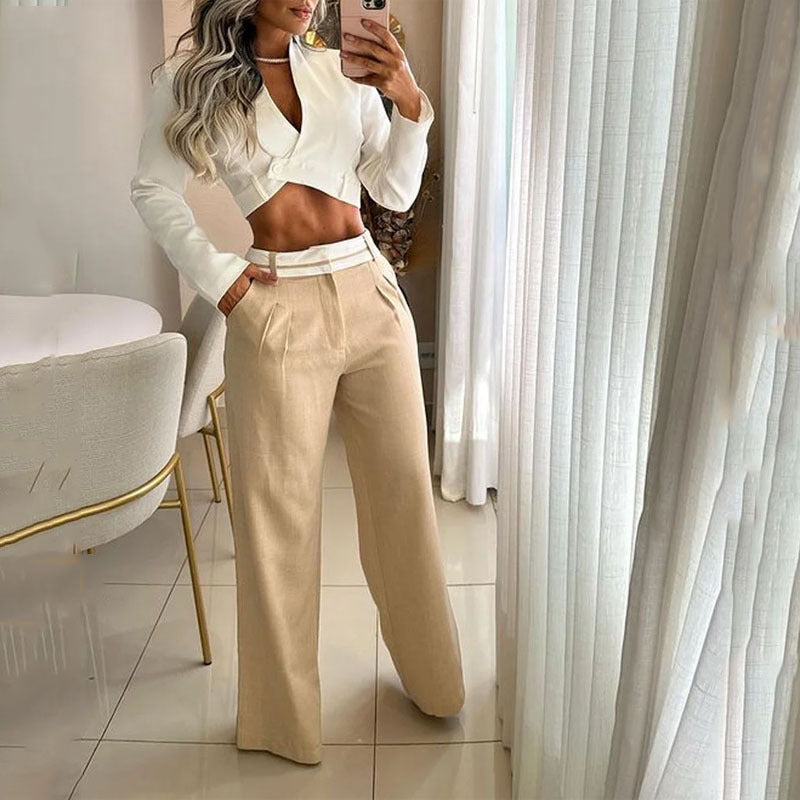 Ladies Suit Summer Casual Solid Color Loose Trousers Two Piece Set