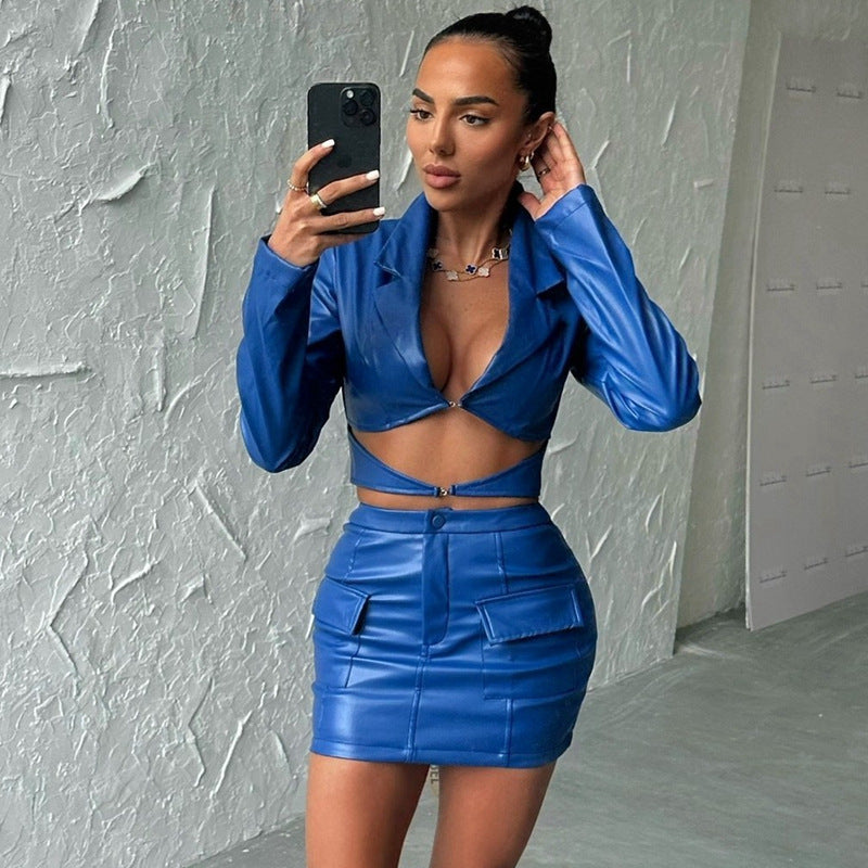 Metallic Coated Fabric Women Clothing Autumn Winter Suit Long Sleeves Cropped Cardigan Top Pocket Hip Skirt Outfit