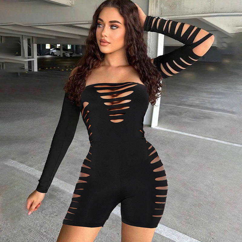Women Clothing Autumn Winter Solid Color Sexy Tube Top Long Sleeve Ripped Burnt Floral Slim Romper
