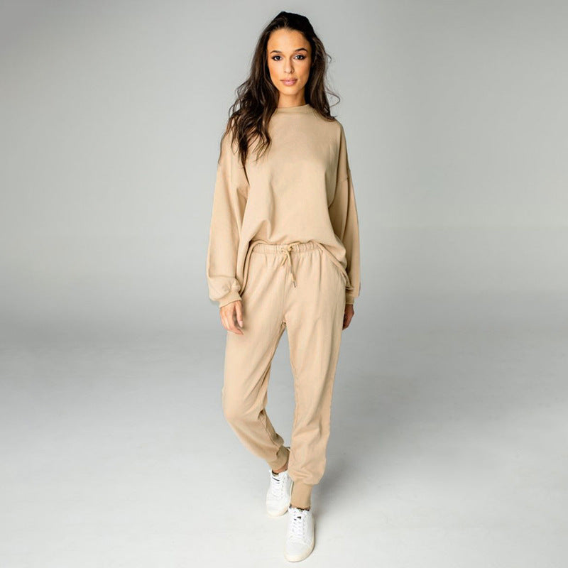 Casual Solid Color Loose round Neck Women Long Sleeved Fleese Suit Autumn Winter