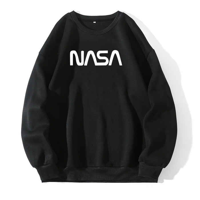 Fleece Lined Crew Neck Sweater Women NASA Letter Graphic Print Fresh Casual Pullover Round Neck Long Sleeves T Shirt