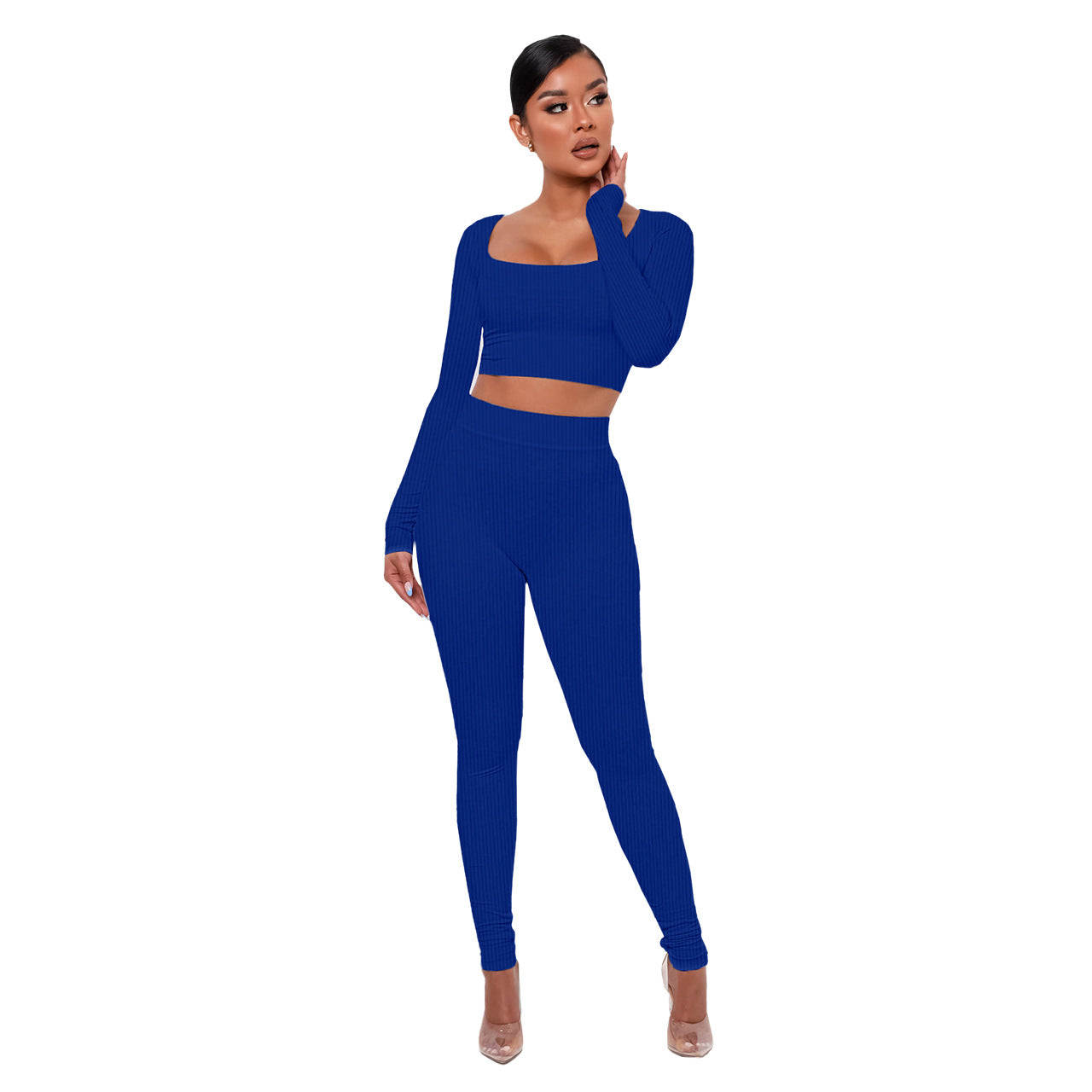 Low Collar Thread Sports Casual Long Sleeve Trousers Office Two Piece Set