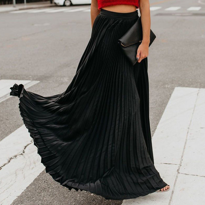 Summer Elegant Pleated Mopping Solid Color Wide Hem Skirt