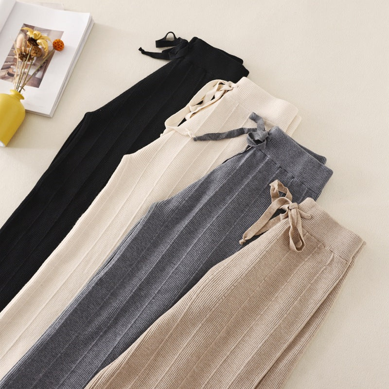 Knitted Thick Wide Leg Pants Women Autumn Winter High Waist Loose Drooping Straight Casual Long Pants Loose Vertical Stripes
