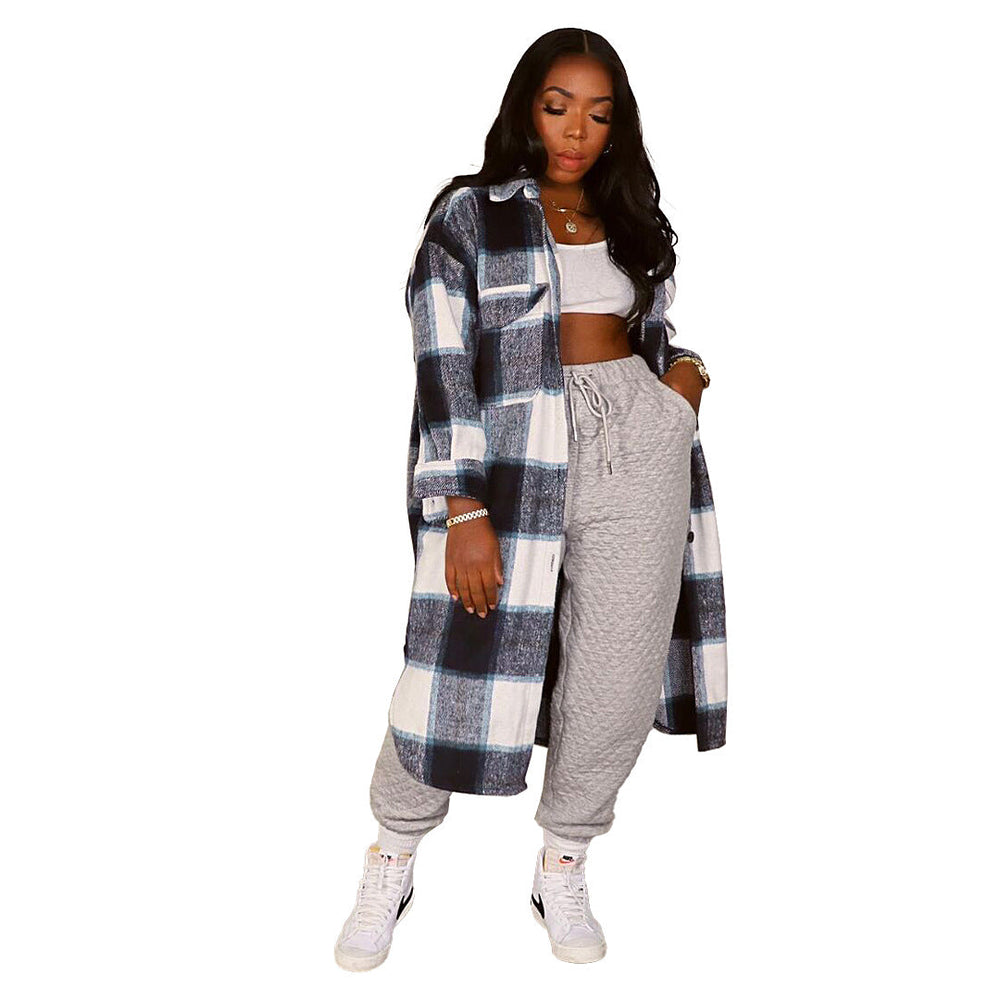 Women Clothing Nightclub Uniforms Pocket Plaid Long Shirt Coat