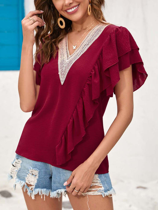 Women Clothing Popular Shirt Top Summer Solid Color Lace Stitching Women Clothing