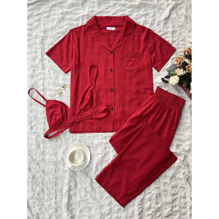 Pajamas Women Spring Autumn Short Sleeve Cardigan Homewear Three Piece Outer Wear