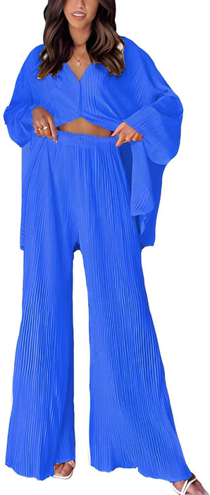 Spring Summer Women Solid Color Pleated Single Breasted Top High Waist Wide Leg Bell Bottoms Homewear Suit