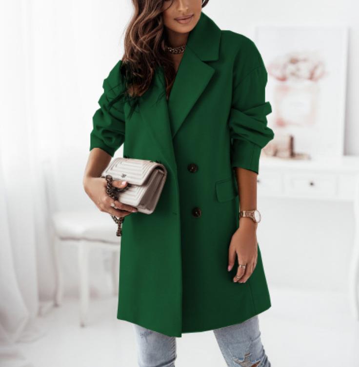 Popular Autumn Winter Long Sleeve Set Collar Double Breasted Woolen Coat Women