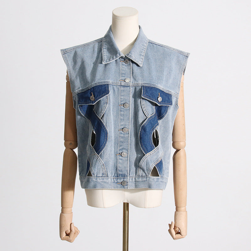 Niche Street Trend Sleeveless Design Collared Denim Vest Personalized Slim Looking Stitching Women Vest