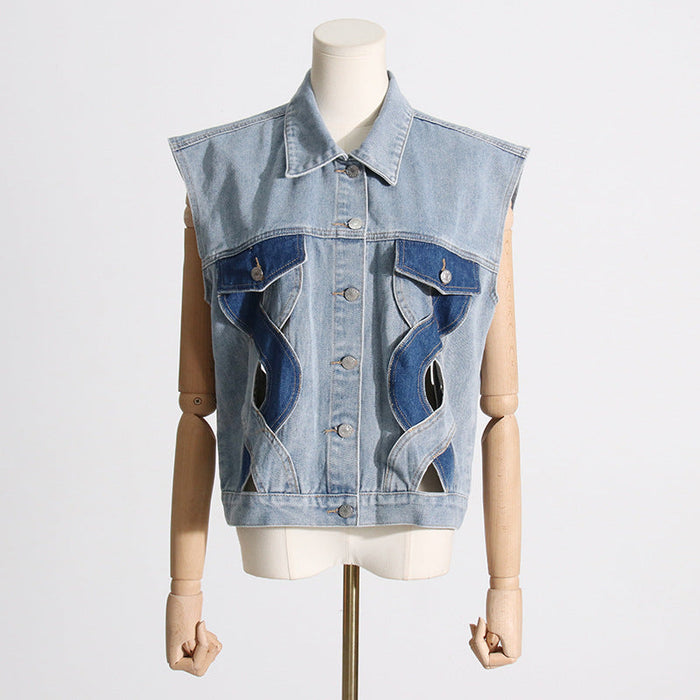 Niche Street Trend Sleeveless Design Collared Denim Vest Personalized Slim Looking Stitching Women Vest