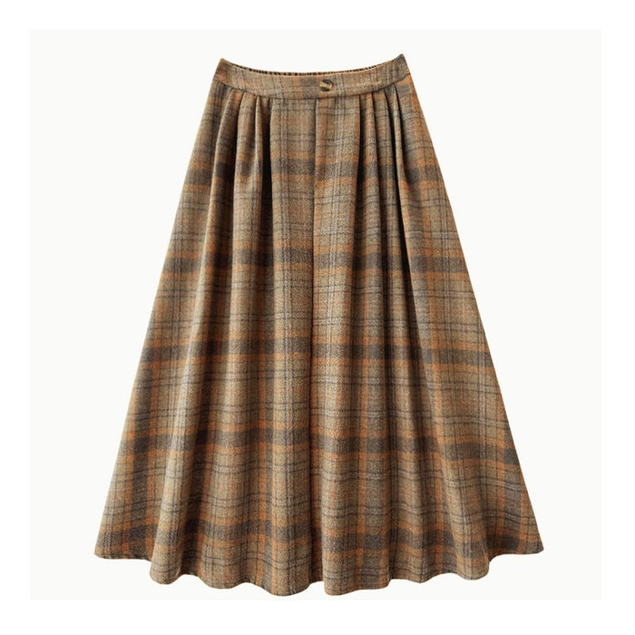 Green Tartan Skirt Women Autumn Winter High Waist A Line Umbrella Skirt Mid Length Woolen Skirt Small