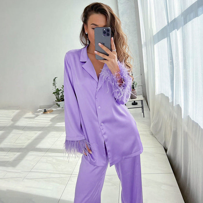 Autumn Feather Pajamas Long Sleeve Trousers Suit Loose Artificial Silk Outerwear Ladie Homewear