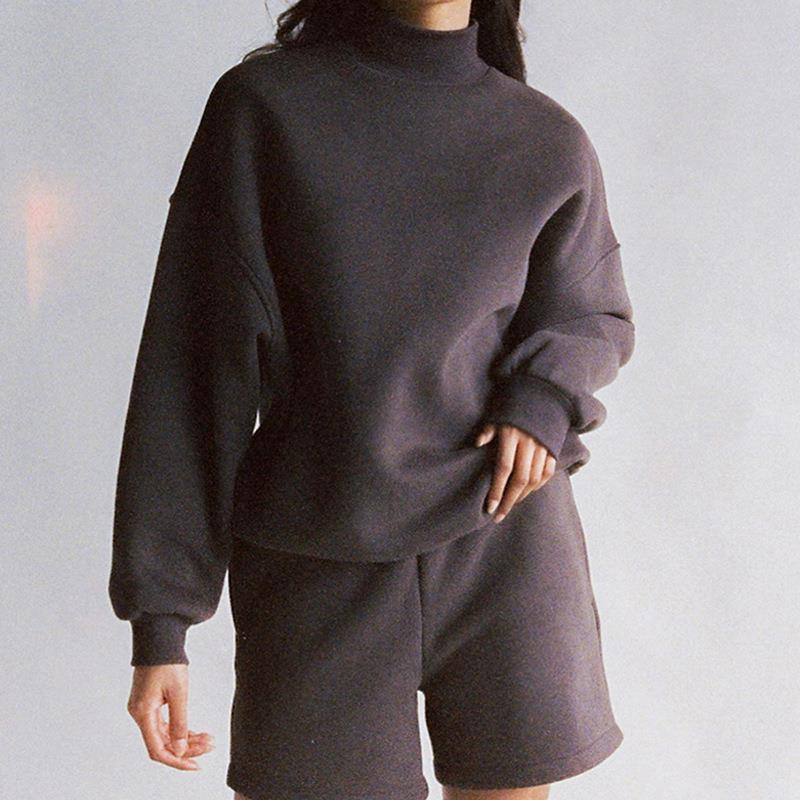 Women Clothing Autumn Casual Solid Color Turtleneck Long Sleeved Top Sports Shorts Two Piece Set