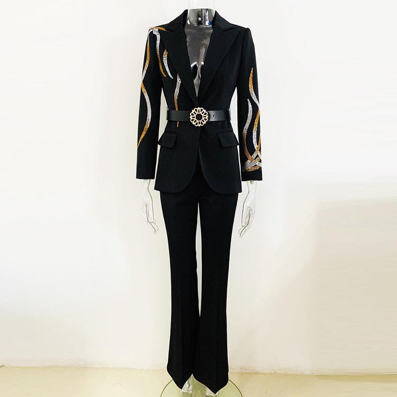 Goods Star Socialite Colorful Crystals Rhinestone Series Belt Suit Bell Bottom Pants Suit Two Pieces