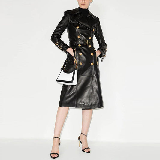 Goods Autumn Winter Stars Double Breasted Belt Leather Long Trench Coat