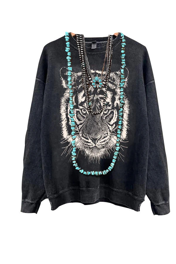 Ladies Autumn Winter Basic Round Neck Loose Sweatshirt Tiger Offset