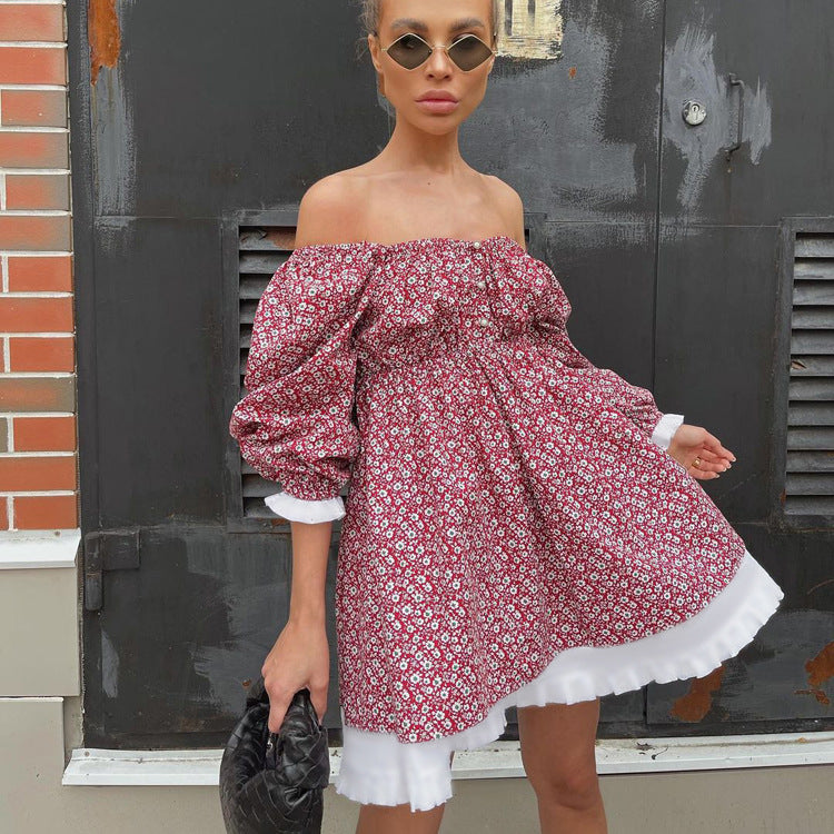 Women Clothing Spring Printed Dress Puff Sleeve Square Collar Slimming A line Dress Floral Dress