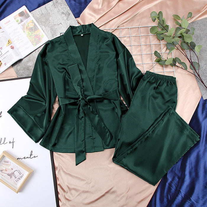 Spring Satin Long Sleeve Cardigan Lace up Nightgown Set Women  Home Loose Trousers Pajamas Set