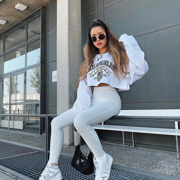 Women Clothing Autumn Winter Los Angeles Letter Graphic Printed Short Long-Sleeved Sweater