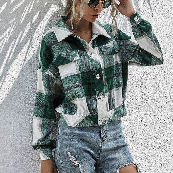 Thickened Long-Sleeved Plaid Top Loose Casual Shacket Plush Plaid Single Breasted Shacket Jacket Coat Women