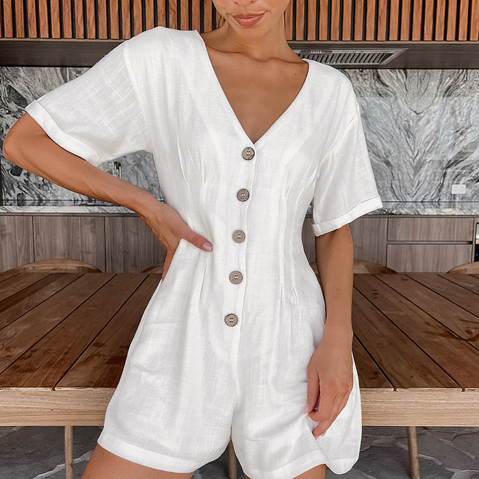 White Cotton Jumpsuit Summer Loose Office Women Clothing Short Sleeve Rompers