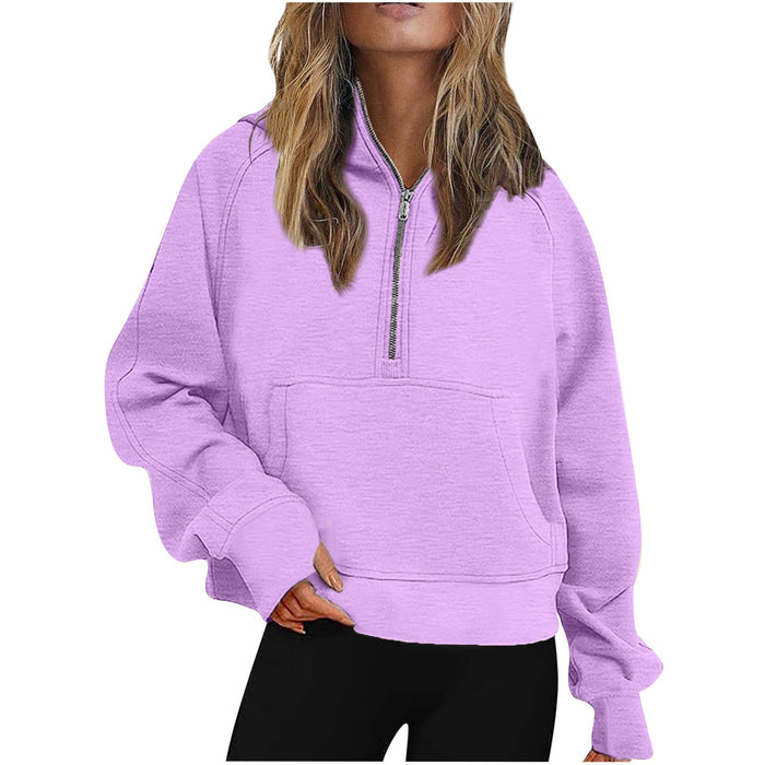 Autumn Winter Women Scuba Sports Half Zipper Yoga Clothes Loose Short Hood Fleece Lined Sweater Sweater