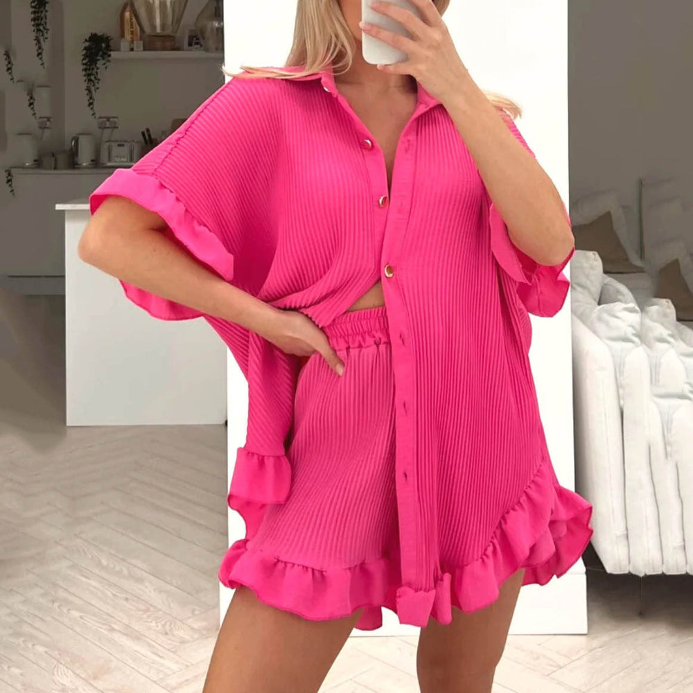 Shorts Short Sleeved Shirt Two Piece Women  Loose Pleated Wooden Ear Casual sets