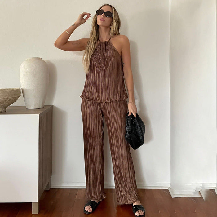 Summer Women Clothing Casual Laid-Back Slimming Pleated Suspender Vest Loose Wide Leg Pants Suit