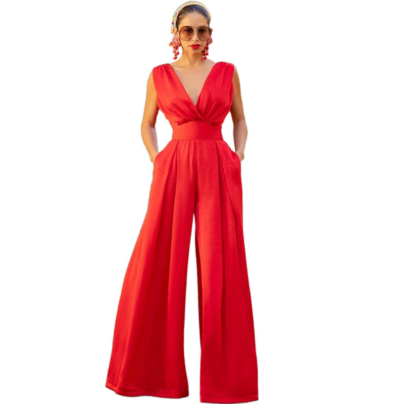 Women Clothing Summer Elegant Slim High Waist Solid Color Jumpsuit