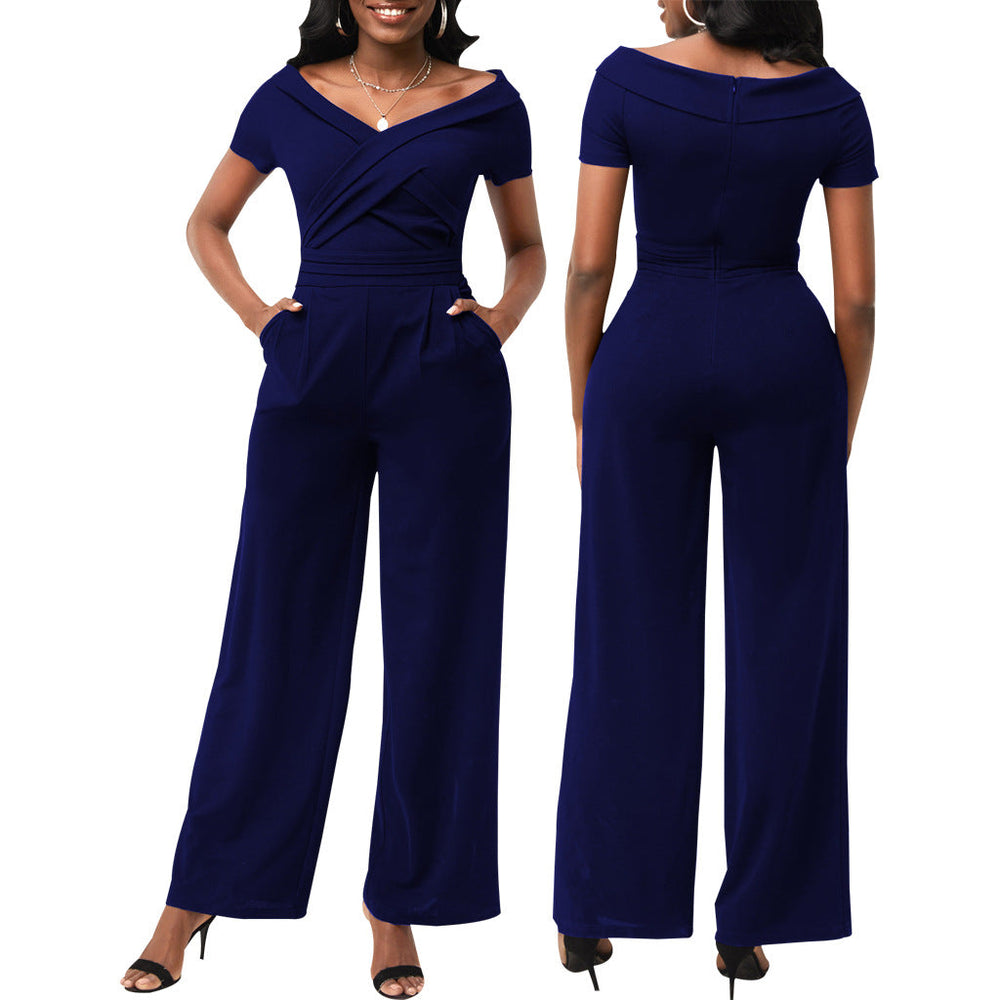 Masson Sexy Solid Color Short Sleeve V-neck Women Jumpsuit