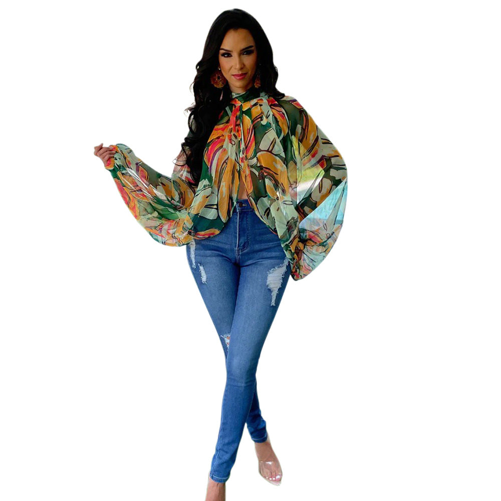 Casual round Neck Loose Long Sleeves Top Digital Printed Women