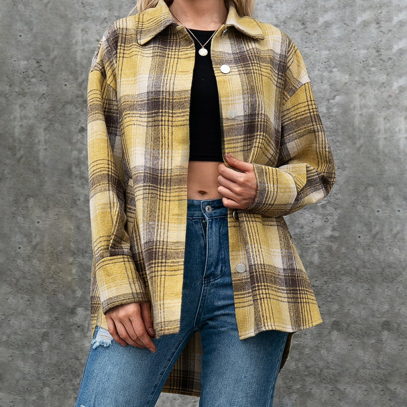 Brushed Loose Casual Plaid Shacket Single-Breasted Plush Checked Shacket Jacket Coat Top Women