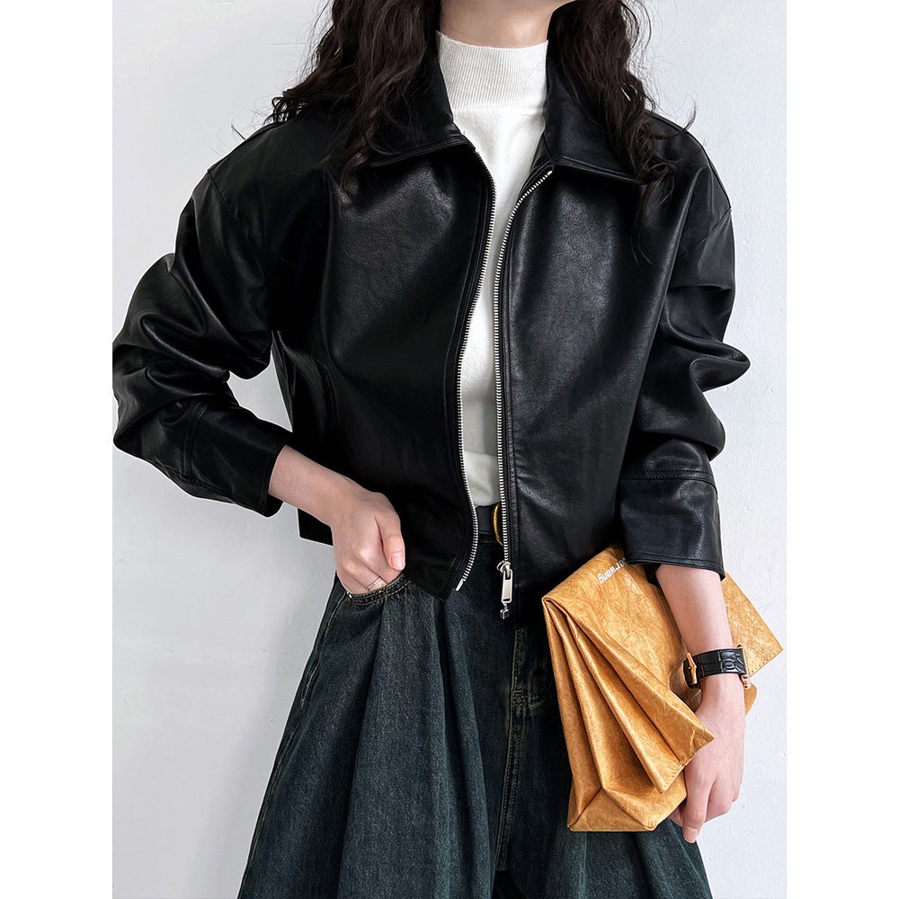 Cool Handsome High Grade Collared Leather Coat Women's Spring Autumn Hong Kong Faux Leather Jacket Motorcycle Top Trendy