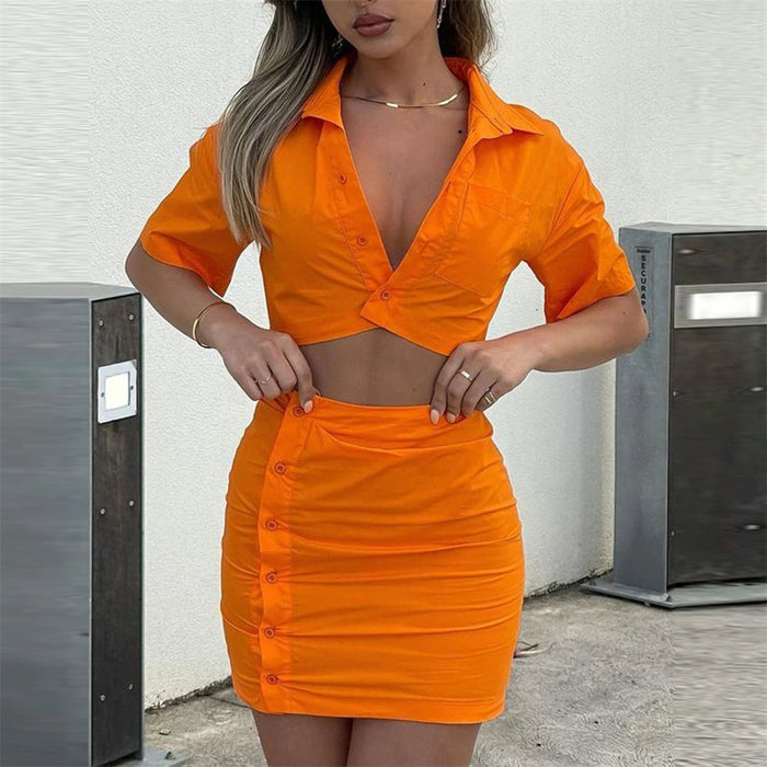 Spring Summer Two Piece Set Sexy Collared High Waist Short Sleeve Shirt Outfit