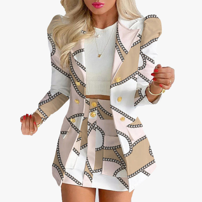 Autumn Winter Women Clothing Printing Princess Sleeves Office Slim Fit Short Skirt Set