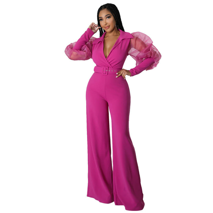 V-neck Mesh Puff Sleeve Special Women Clothing Loose Flared Jumpsuit