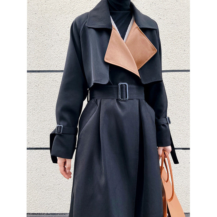 Elegant Stitching Contrast Color Trench Coat Women Mid-Length over-the-Knee Large Collared Waist-Controlled Overcoat