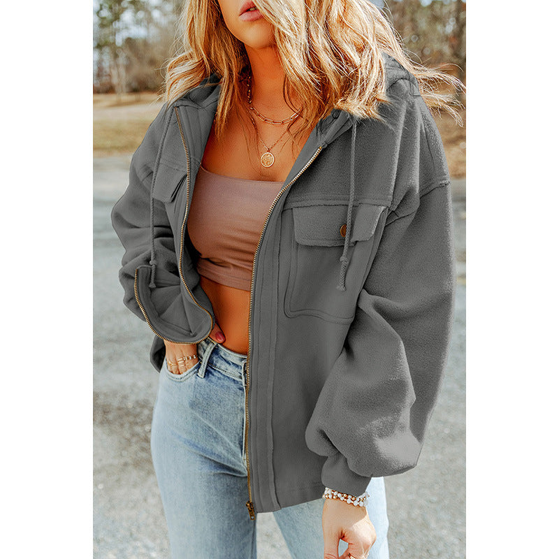 Early Autumn Solid Color Loose Zip Jacket Women Casual Pocket Drawstring Long Sleeve Coat Women