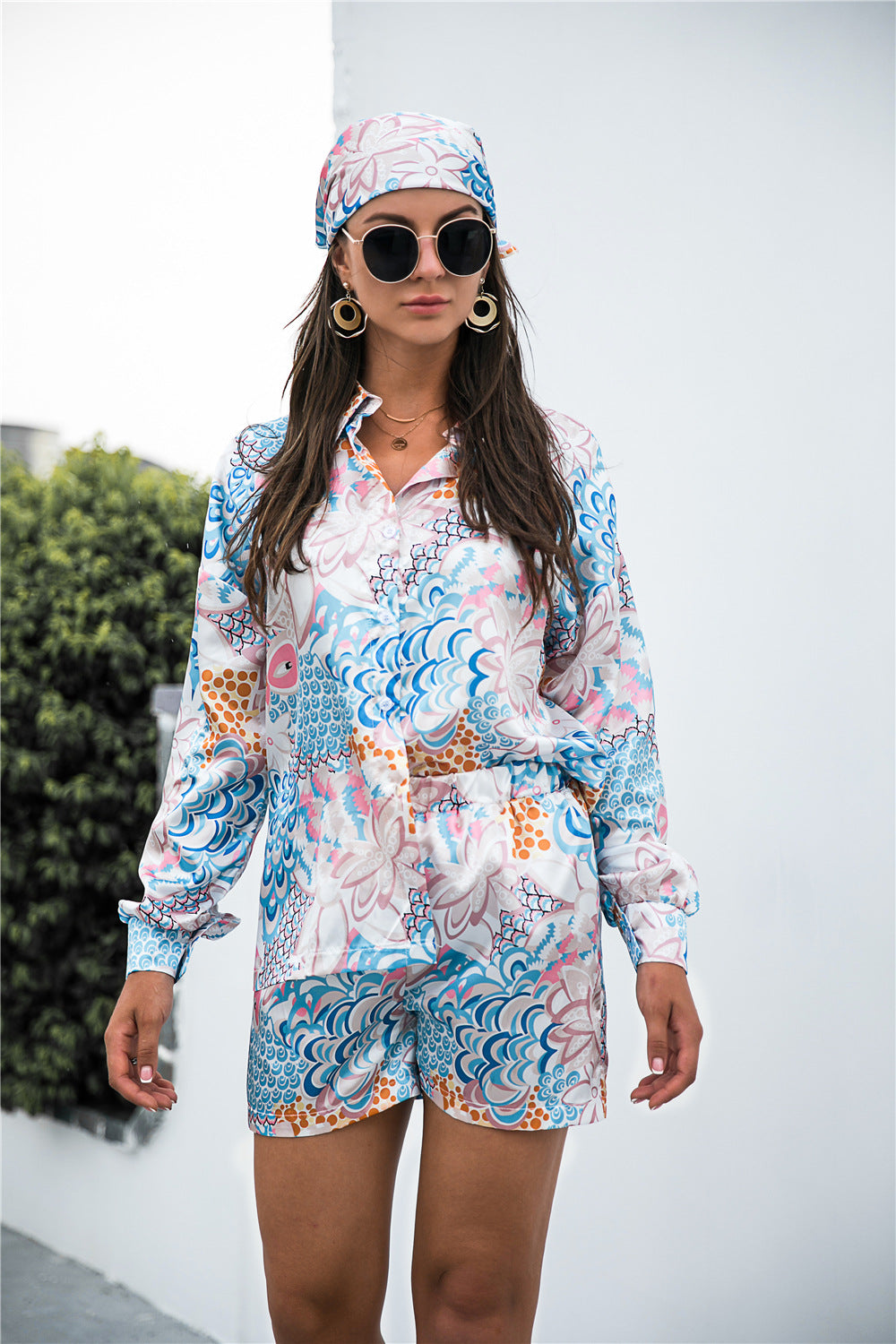 spring Autumn Retro Shirt Shorts Headscarf Three-Piece Suit