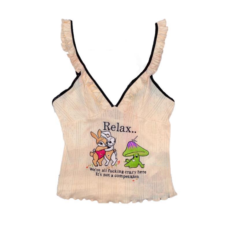Women Clothing Cartoon Embroidered Strap Vest Women Slim Fit Wooden Ear Stitching Low Cut Cropped Top