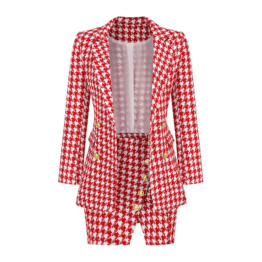Sexy Socialite Chanel Suit Set Skirt Autumn Winter Women Houndstooth Two Piece Set