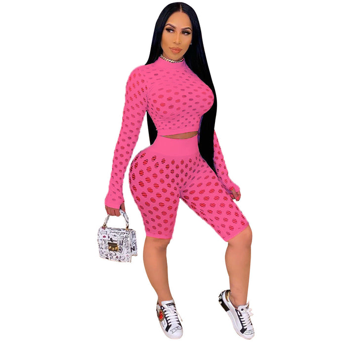 Women Nightclub Stretch Tight Eye Mesh Long Sleeve Shorts Two-Piece Suit