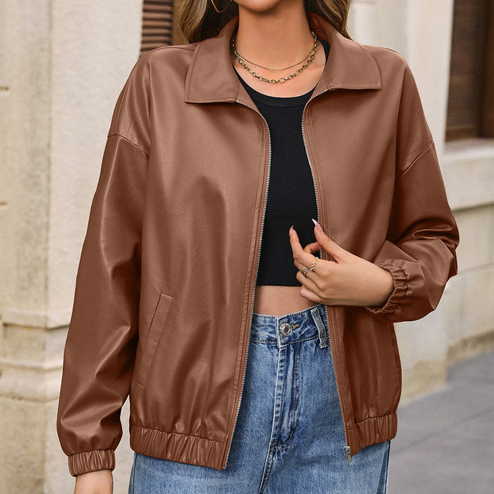 Casual Long Sleeve Solid Color Faux Leather Motorcycle Leather Coat Polo Collar Jacket Coat Top Women