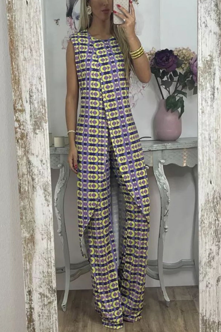 Multi Color Middle East Autumn Floral Print Slit Vest Top Trousers Set Women Summer