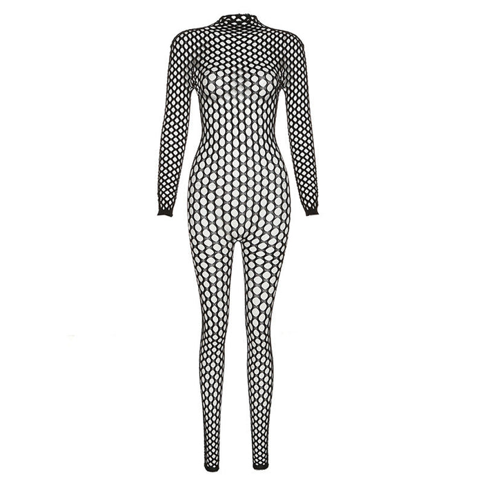 Spring Women Solid Color Long Sleeve Fishnet Hollow Out Cutout round Neck Slim High Waist Sheath Jumpsuit