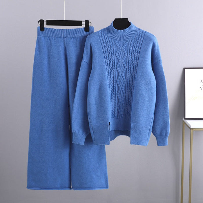 Autumn Winter Slimming Knitted Suit Women Thickened Loose Turtleneck Sweater Wide Leg Pants Two Piece Suit